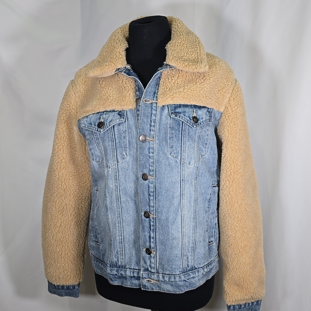 NWT MINKPINK DENIM Sherpa Jean Jacket Removable Collar Tan